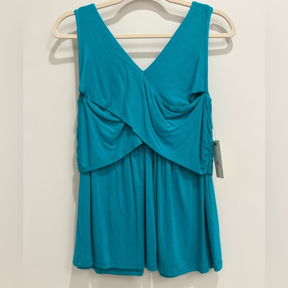 Skies Are Blue Teal Sleeveless Crossover Top Medium Draped Stretch Blouse NWT - Picture 3 of 6